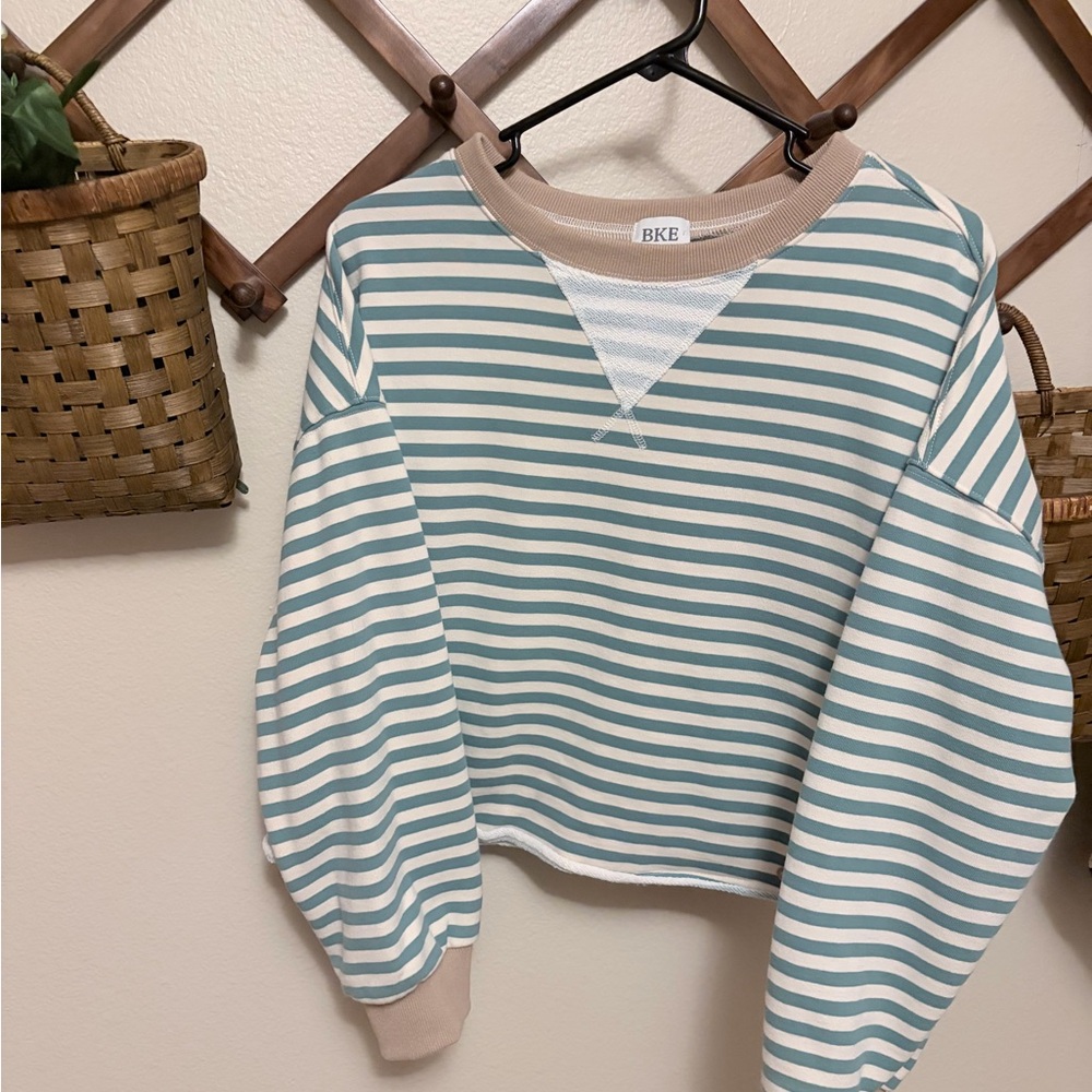 BKE Teal and Cream Striped Top with Tan Accents
